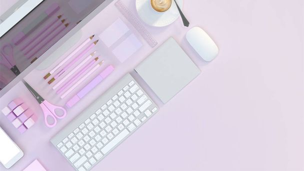 Σύγχρονο χώρο εργασίας με τον υπολογιστή, γραφική ύλη σε ροζ χρώμα φόντου. Το Top view. Επίπεδη θέσει. 3D απεικόνιση - Φωτογραφία, εικόνα