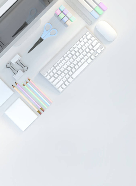 Moderni työtila tietokoneella, paperitavarat asetettu valkoinen väri tausta. Huippunäkymä. Litteä pano. 3D-kuva
 - Valokuva, kuva