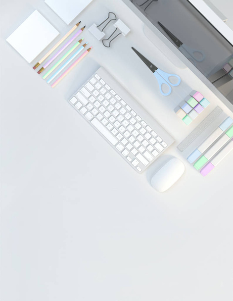 Modern workspace with computer, stationery set on white color background. Top view. Flat lay. 3D illustration - Photo, image