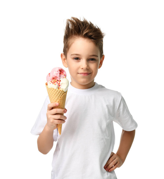 Baby boy kid hold strawberry ice cream in waffles cone isolated  - Photo, Image