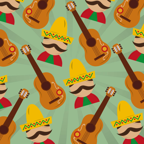 mexican man with hat mustache and guitar pattern image - Vetor, Imagem