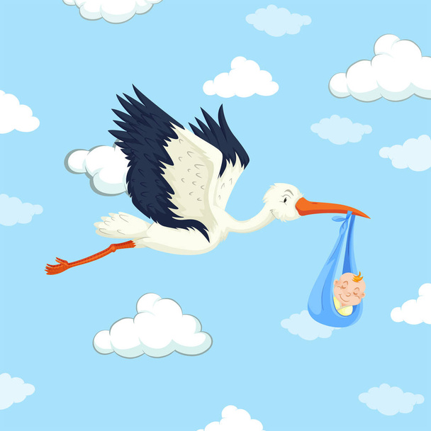 Stork delivering baby boy - Vector, Image