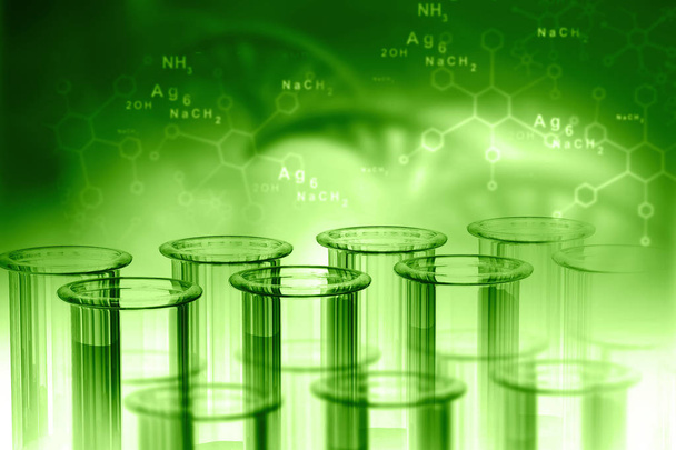 Lab, chemie, Dna-structuur, op groene achtergrond. 3D illustratie biochemie concept - Foto, afbeelding