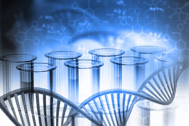 Laboratorium, chemia, struktury Dna, na niebieskim tle. 3D ilustracja koncepcja biochemia - Zdjęcie, obraz
