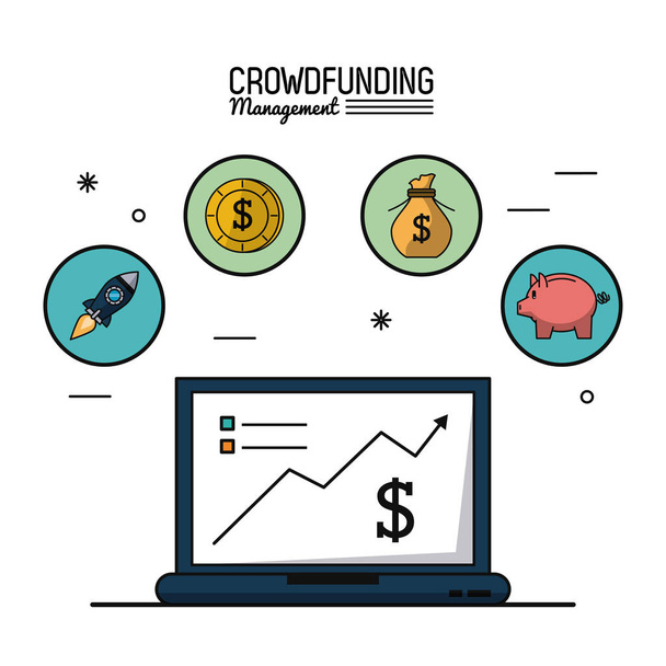 affiche colorée de la gestion du financement participatif avec ordinateur portable et graphiques de croissance économique à l'écran et icônes sur le dessus
 - Vecteur, image