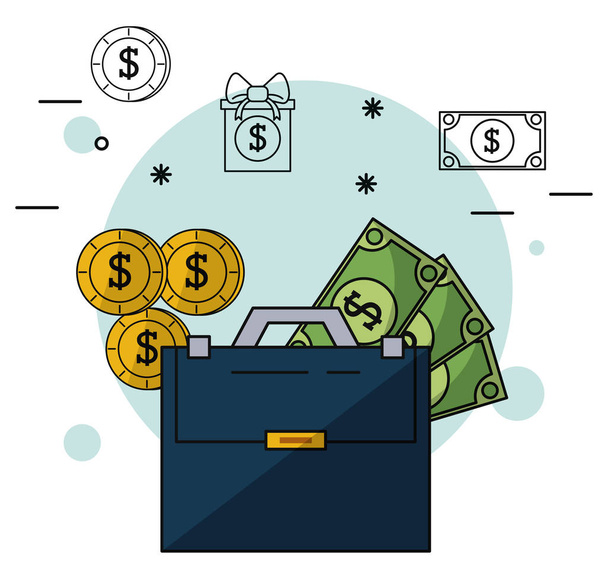Πολύχρωμο φόντο της εκτελεστικής χαρτοφύλακα με νομοσχέδια τα χρήματα και τα κέρματα - Διάνυσμα, εικόνα