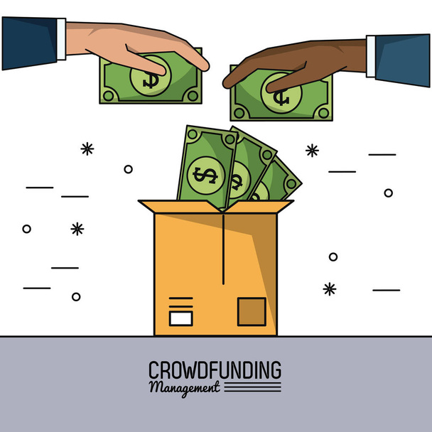 cartel colorido de gestión de financiación de multitudes con las manos depositan billetes de dinero en caja de cartón
 - Vector, imagen