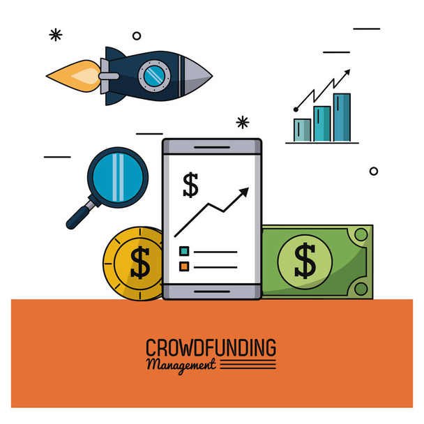 colorido cartel de gestión de crowdfunding con teléfono inteligente y estadísticas de ahorro y gráficos de barras
 - Vector, Imagen