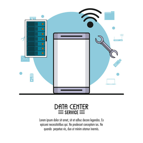 barevný plakát datové centrum služeb s smartphone v detailním a rozvaděčový server a klíč nástroj - Vektor, obrázek