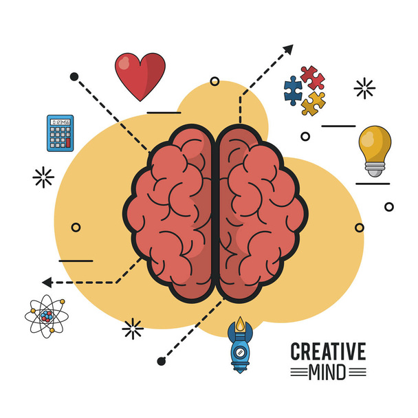 πολύχρωμη ατμοσφαιρική αφίσα του δημιουργικό μυαλό με την κάτοψη του εγκεφάλου των δύο ημισφαιρίων και γύρω από τα εικονίδια - Διάνυσμα, εικόνα