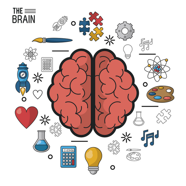 πολύχρωμη ατμοσφαιρική αφίσα στον εγκέφαλο σε κάτοψη των δύο ημισφαιρίων και γύρω από τα εικονίδια - Διάνυσμα, εικόνα