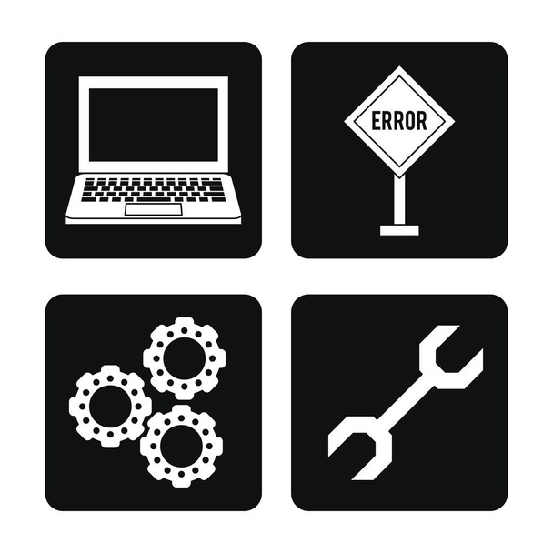 fondo blanco con cuadrados monocromáticos iconos de herramientas y errores en los sistemas
 - Vector, Imagen