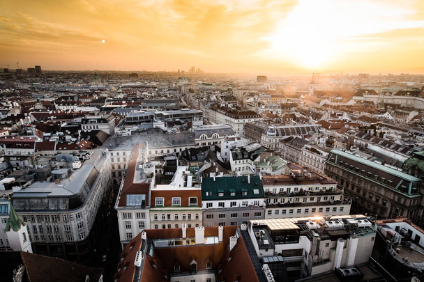 Sunset in Vienna, aerial view from above the city - Photo, Image