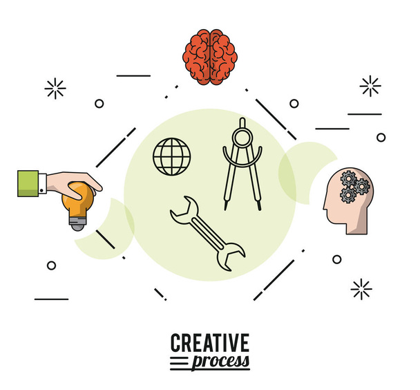 colorful poster creative process with silhouettes of hand with light bulb and brain and face with pinions - Vector, Image