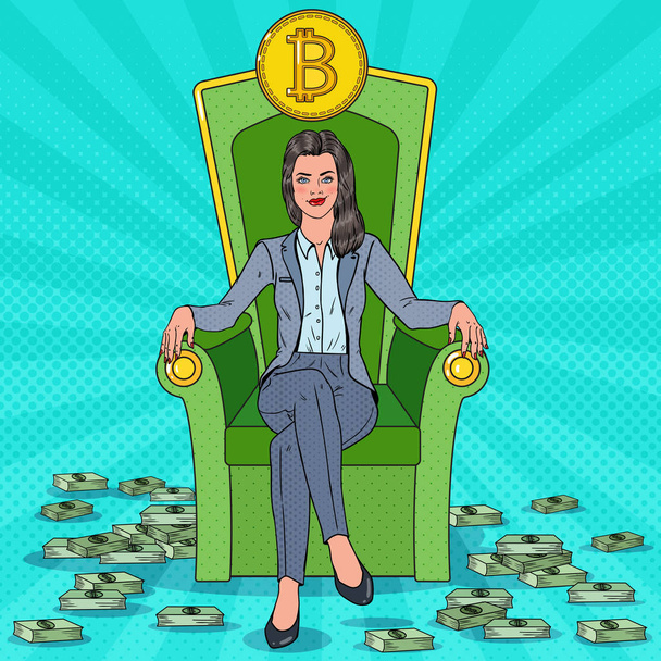 reiche erfolgreiche Geschäftsfrau, die mit Bitcoin und Geldstapeln auf dem Thron sitzt. Kryptowährungsmarkt-Konzept. Vektorillustration - Vektor, Bild
