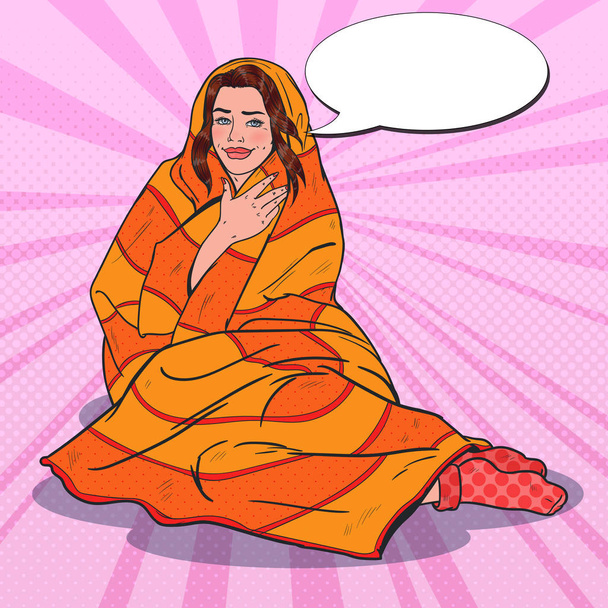Поп-арт Красотка Расслабляется, покрытая теплым одеялом. Девушке холодно. Векторная иллюстрация
 - Вектор,изображение