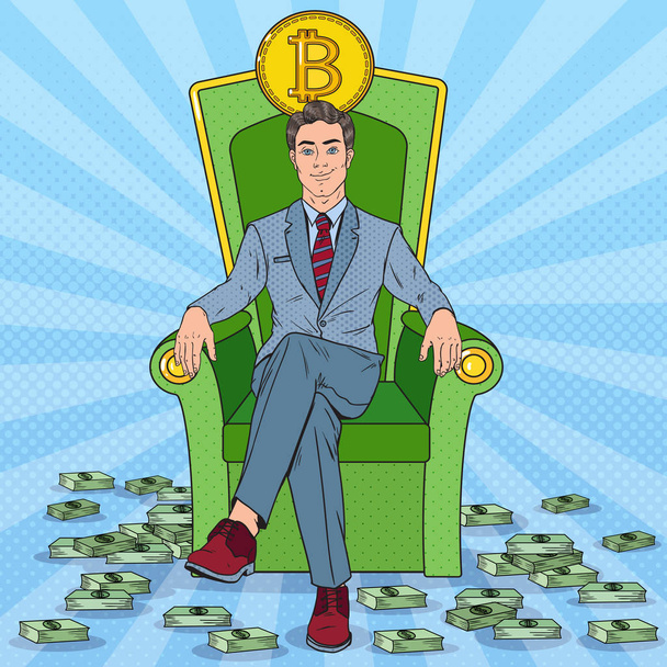 Успешный бизнесмен поп-арта, сидящий на троне с биткойном и денежными стеками. Концепция криптовалютного рынка. Векторная иллюстрация
 - Вектор,изображение