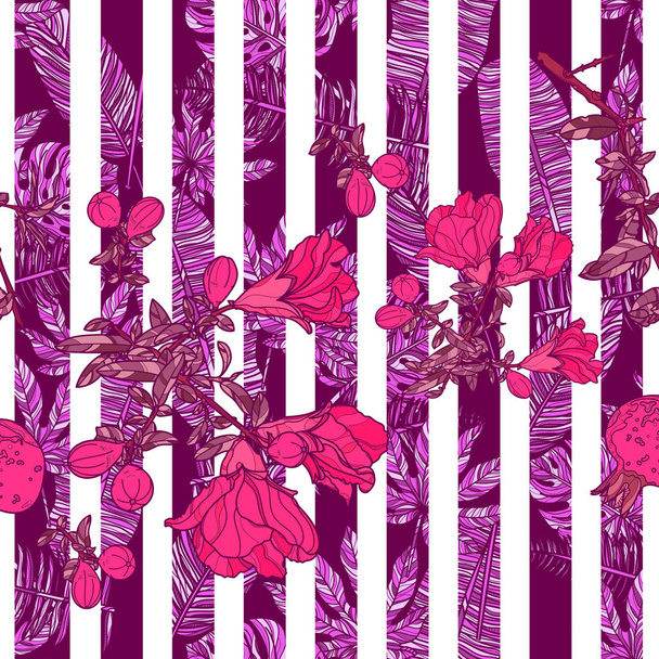 Απρόσκοπτη μοτίβο με λουλούδια και τροπικά φύλλα. - Διάνυσμα, εικόνα