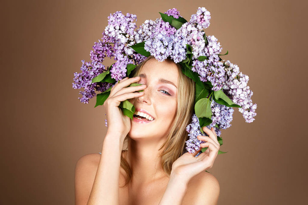 beautiful girl with flower wreath on head - Photo, Image