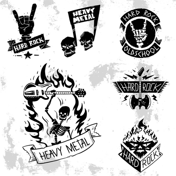 Heavy metalová hudba vektor odznak vintage popisek s punk lebka symbol hard rock-n-roll zvuk samolepka znak obrázek - Vektor, obrázek