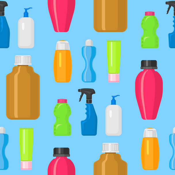 Bottles vector household chemicals supplies cleaning housework plastic detergent liquid domestic fluid bottle cleaner pack seamless pattern background illustration. - Wektor, obraz
