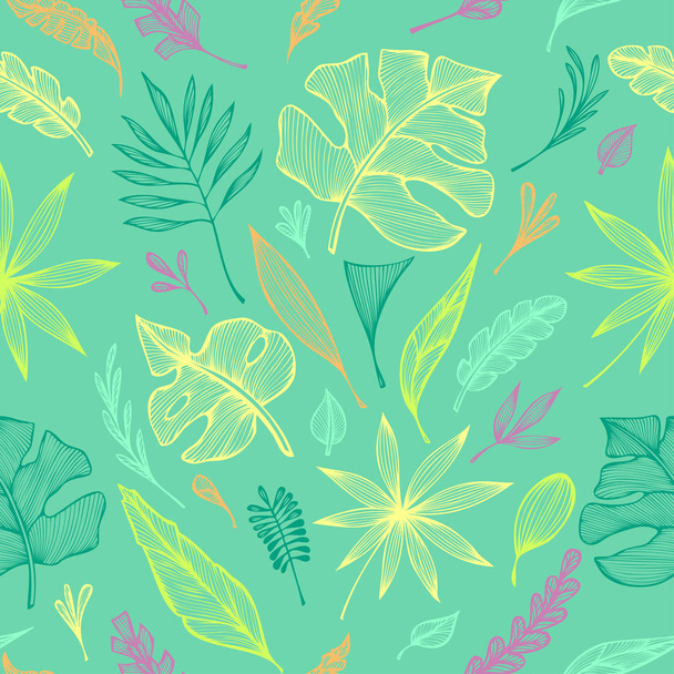 Seamless pattern from hand  draw structure of  tropic leaves colorful on green in line art for creative design package of  cosmetic or  perfume or for design of  botanical theme - ベクター画像