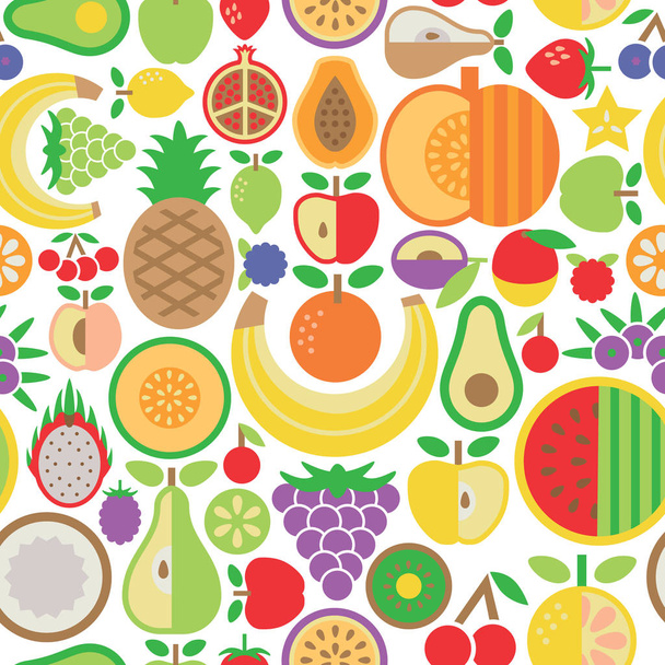 Patrón sin fisuras de frutas populares, incluyendo frutas exóticas como fruta de dragón (pitaya), bayas de acai, granada y fruta de la pasión sobre un fondo blanco
. - Vector, imagen