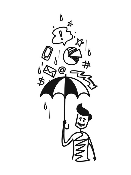 落書き漫画 Ha と雨の低下の下で傘を抱きかかえた - ベクター画像