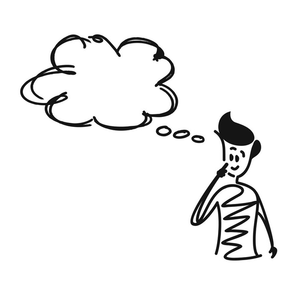Mann schaut auf die Gedankenblase, Karikatur handgezeichnet Vektor bac - Vektor, Bild