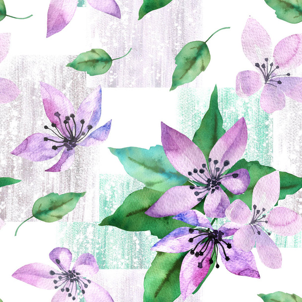  Цветочный бесшовный узор с весенними цветами и листьями на текстуре гранжа
 - Фото, изображение