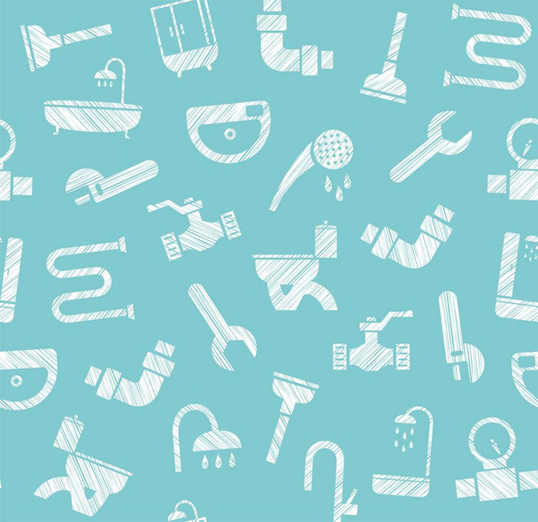Plumbing and plumbing, seamless pattern, pencil hatching, blue, vector. Plumbing tools and spare parts, showers and plumbing parts. Seamless pattern.  Vector clip art. Hatching with a white pencil on a light blue field. Texture simulation.  - Wektor, obraz