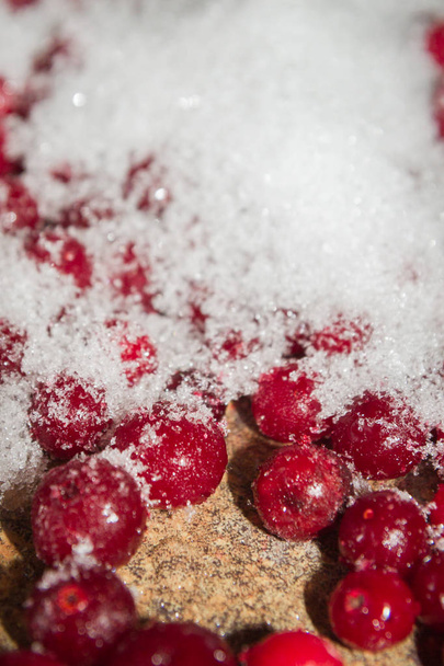 Cold frozen red berry cranberries on the table - Photo, Image