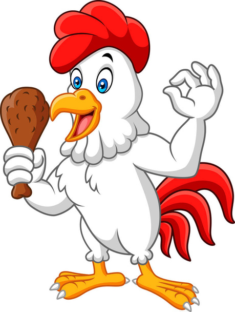 フライドチキンを持ち、 OKサインを与える漫画の鶏 - ベクター画像