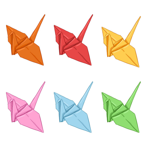 Sady origami barevné papírové jeřáby. Japonské kresby, vektorové ilustrace - Vektor, obrázek