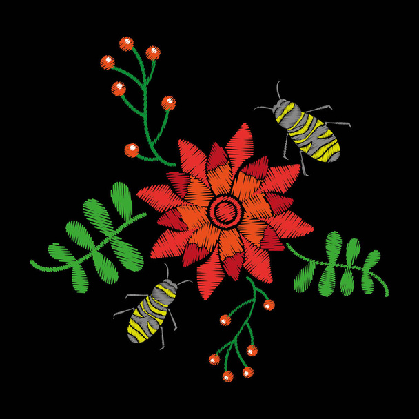 όμορφο κέντημα λουλουδιών μέλισσες πετούν και μούρα φυσικό μοτίβο - Διάνυσμα, εικόνα
