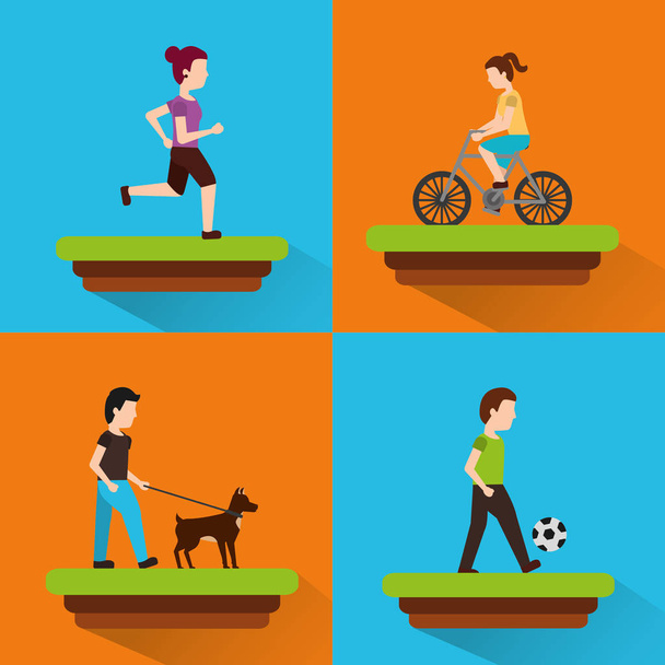 Set Menschen verschiedene Aktivitäten Läufer Fahrer Fahrrad zu Fuß Ball spielen - Vektor, Bild