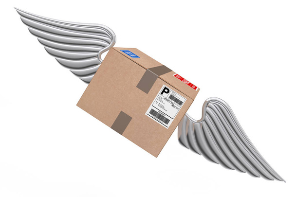 Concepto de envío de correo aéreo. Paquetes de caja de cartón con ala de plata
 - Foto, imagen