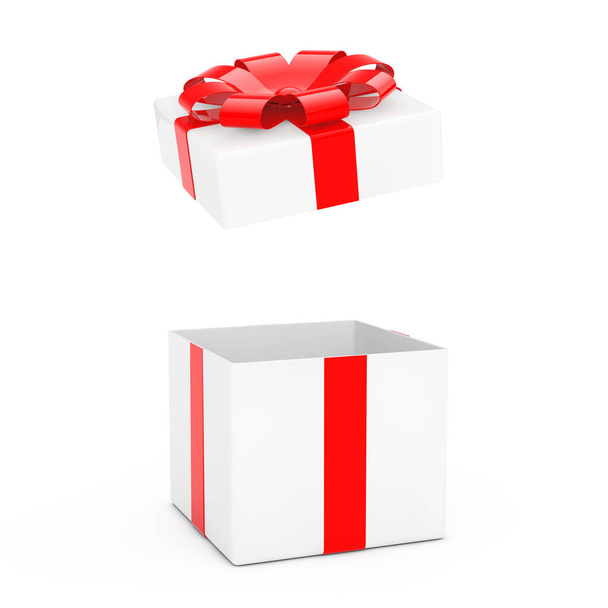 Opened White Gift Box with Red Ribbon. 3d Rendering - Photo, Image