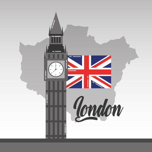 big ben london map and flag british landmark - Vector, Image