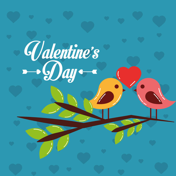valentines day card couple birds heart in branch tree - Vector, Image