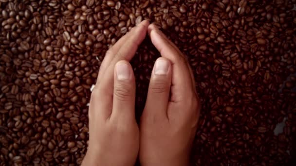 Mans keze tele szemes kávé - Felvétel, videó