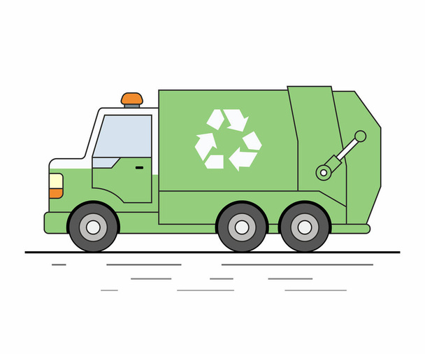 Recogida y transporte de residuos sólidos residenciales y comerciales. Camión de basura verde
 - Vector, imagen