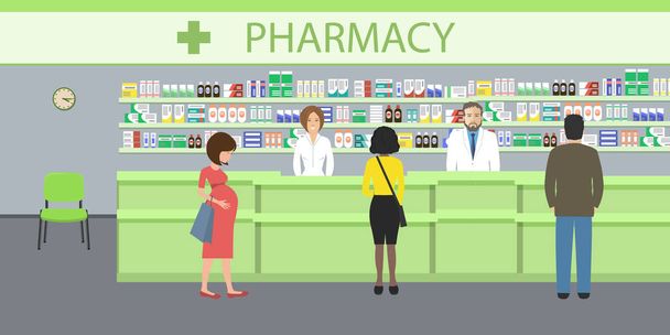 People in the pharmacy. Pharmacists man and woman stands near the shelves with medicines. In the green hall there are visitors. Vector illustration. - Vector, Image