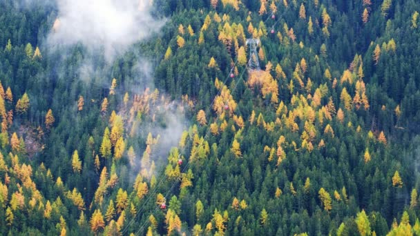Δασικά δέντρα, με σύννεφα και η ομίχλη ομίχλη και κόκκινο λιφτ του σκι σε Δολομίτες, Νότιο Τιρόλο, Ιταλία - Πλάνα, βίντεο