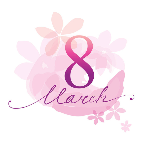 8 march. Lettering with watercolor background and flowers - Vector, Image