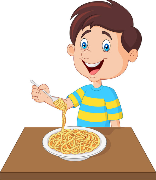 Little boy eating spaghetti - Vector, Image
