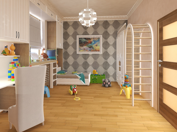 Оренда дитячої кімнати зі смугастим ліжком та книжковими полицями. 3d ілюстрація
 - Фото, зображення