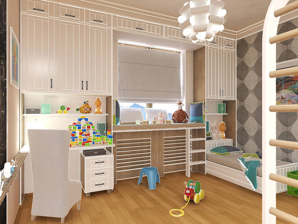 machen Kinderzimmer mit gestreiftem Bett und Bücherregalen. 3D-Illustration - Foto, Bild