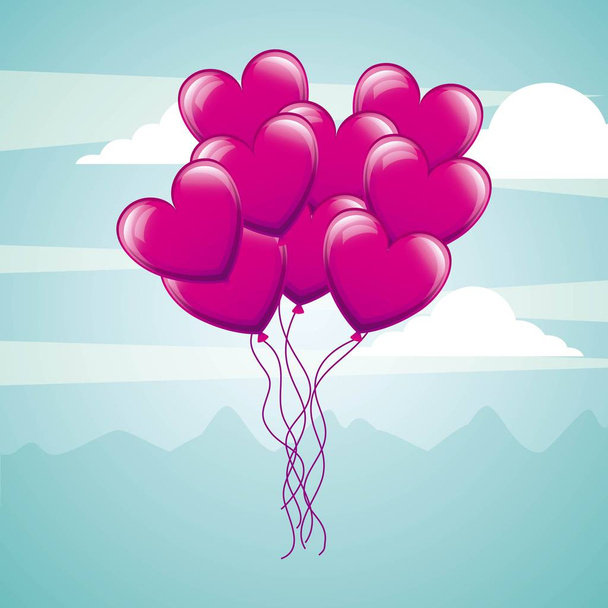 μάτσο καρδιές μπαλόνια πετούν στον ουρανό αγάπη - Διάνυσμα, εικόνα