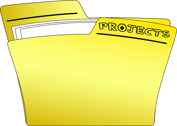 das Symbol eines gelben Ordners mit einigen Dokumenten. auf dem Ordner befindet sich das Schreibprojekt, geschrieben mit skizzierten - architekturähnlichen - Zeichen - Vektor - Vektor, Bild